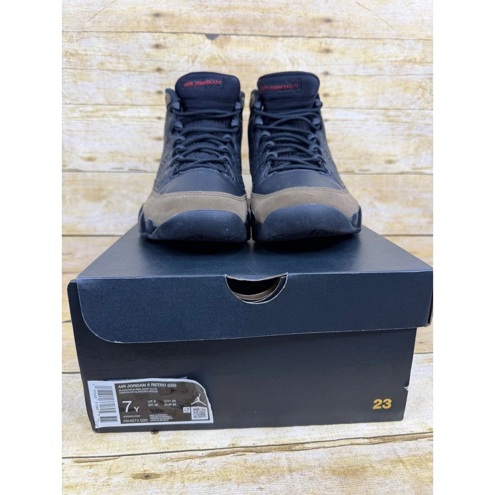Jordan 9 Retro GS Black Light Olive True Red HV4574-030 Kids Size 7Y Sneaker